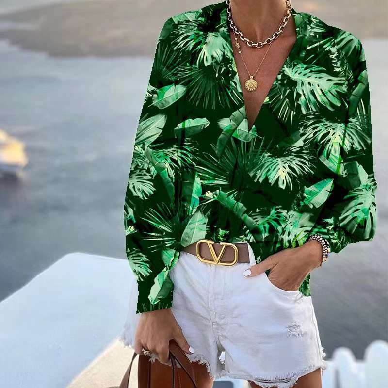Damen Bluse mit floralem Muster und tiefem V-Ausschnitt GR