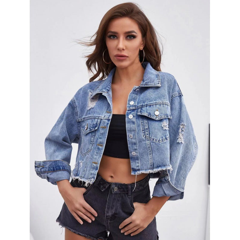 Women's cropped denim jacket in vintage style with casual fringe and robust details, size GR