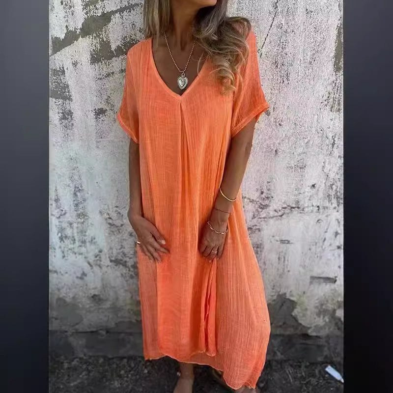 Women's casual midi dress with V-neck and wide flared sleeves, size