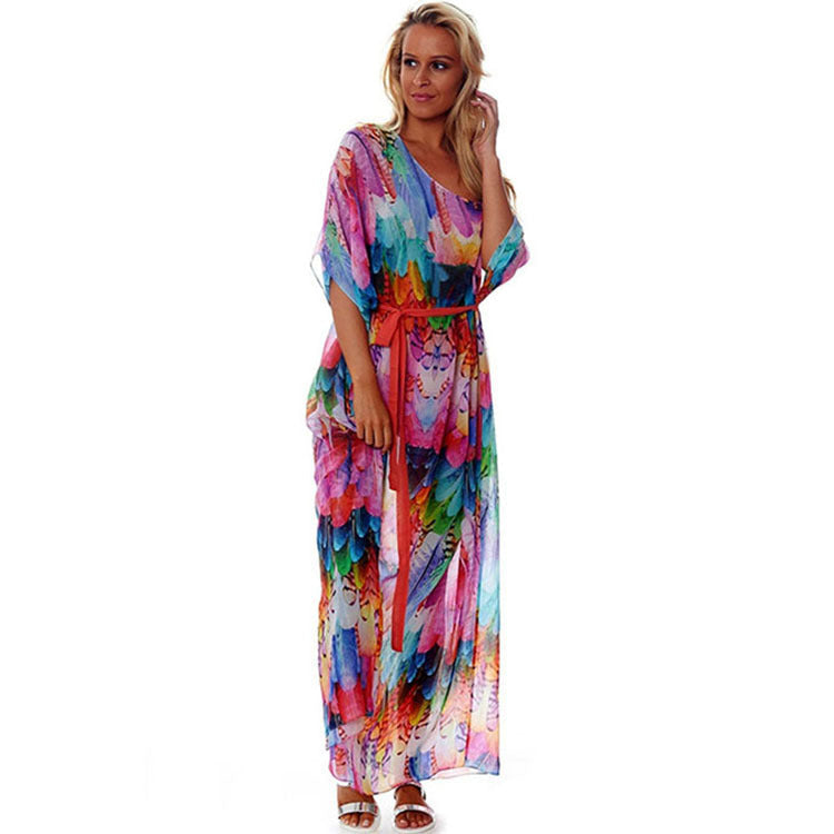 Women's beach kaftan with colorful feather design and airy cut, size S