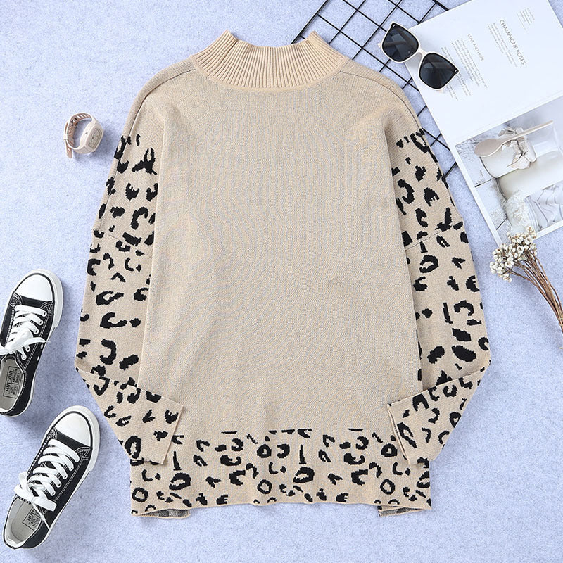 Damen lässiges Oversized-Pullover mit animalischem Muster und hohem Kragen GR
