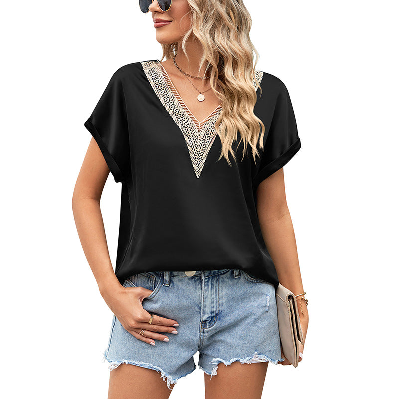 Damen Bluse mit tiefem V-Ausschnitt und Häkelakzenten GR