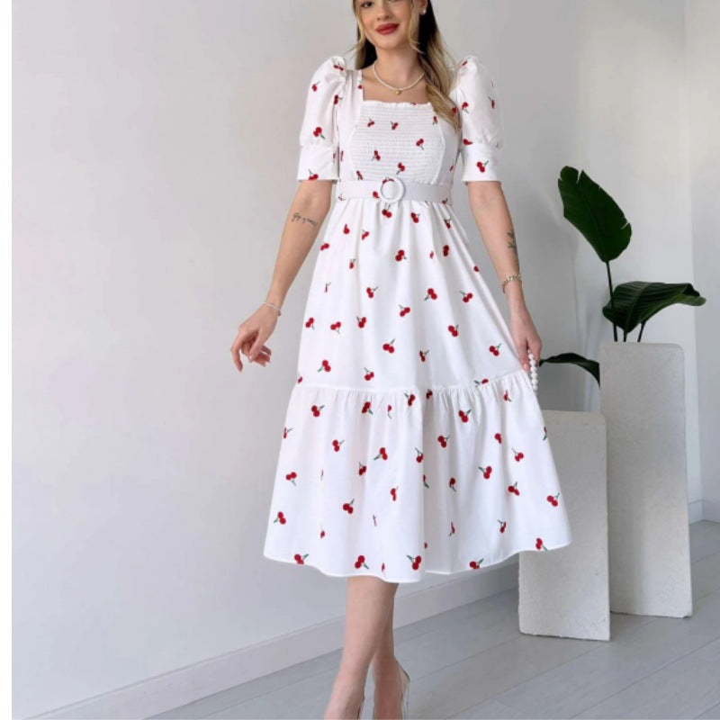 GR | Bedrucktes, taillenbetontes U-Ausschnitt Elegantes Kleid