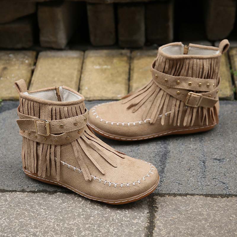 GR | Boho ankle boots with fringes and buckles for women