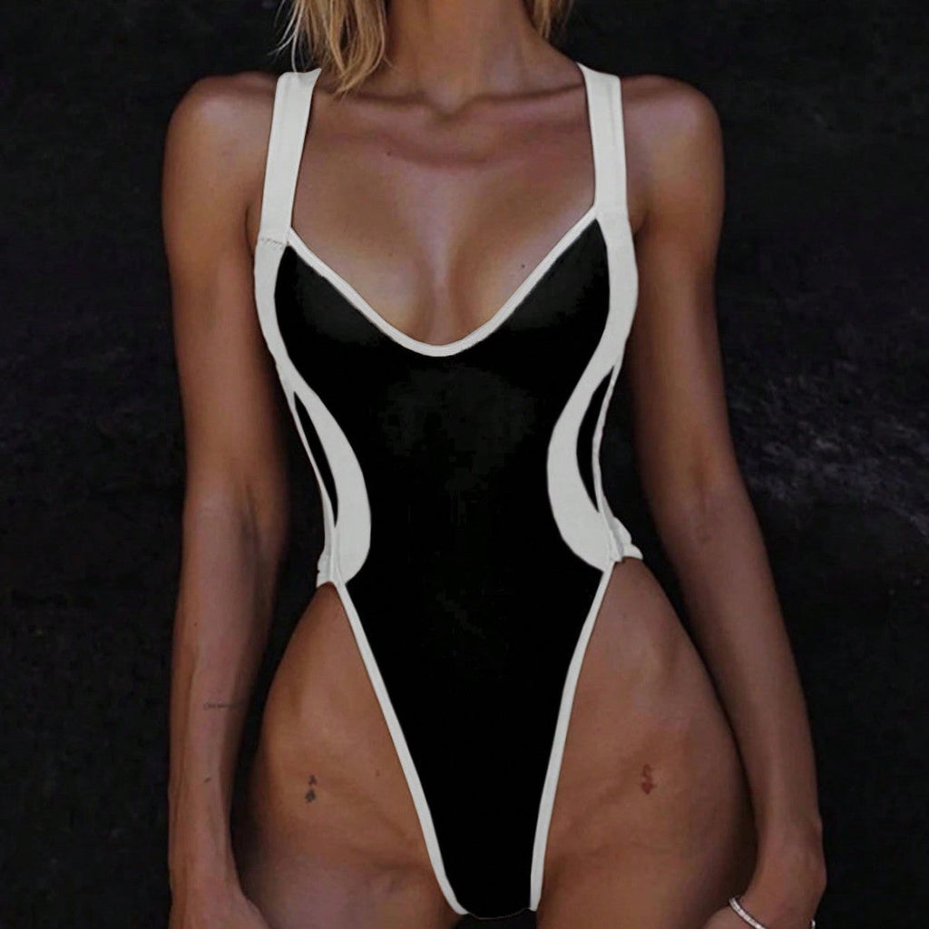 Women's high-cut one-piece swimsuit with contrasting seams, size [size]