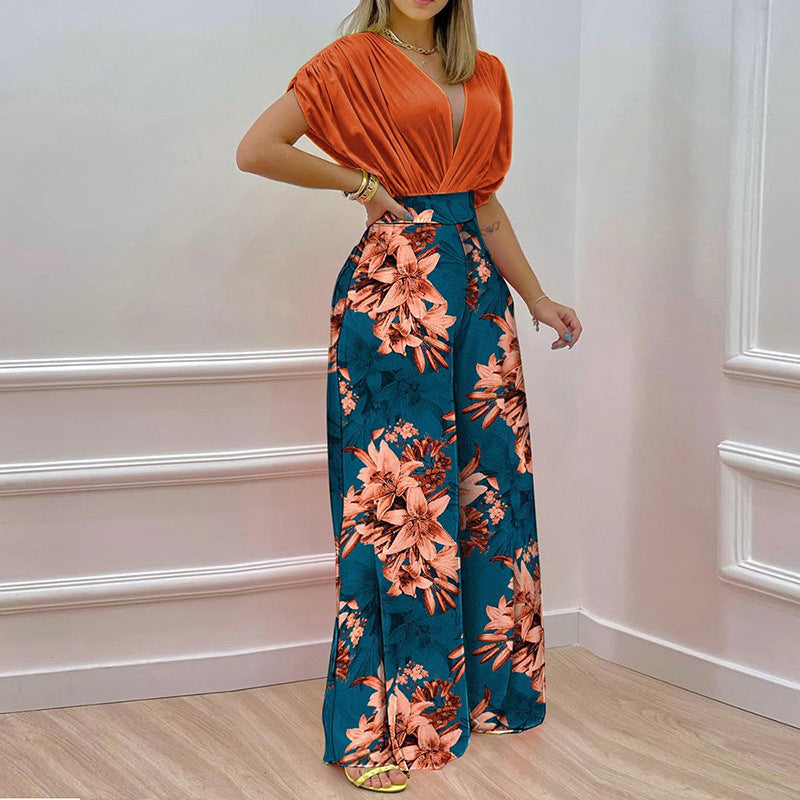Women's jumpsuit with deep V-neck and wide leg, size
