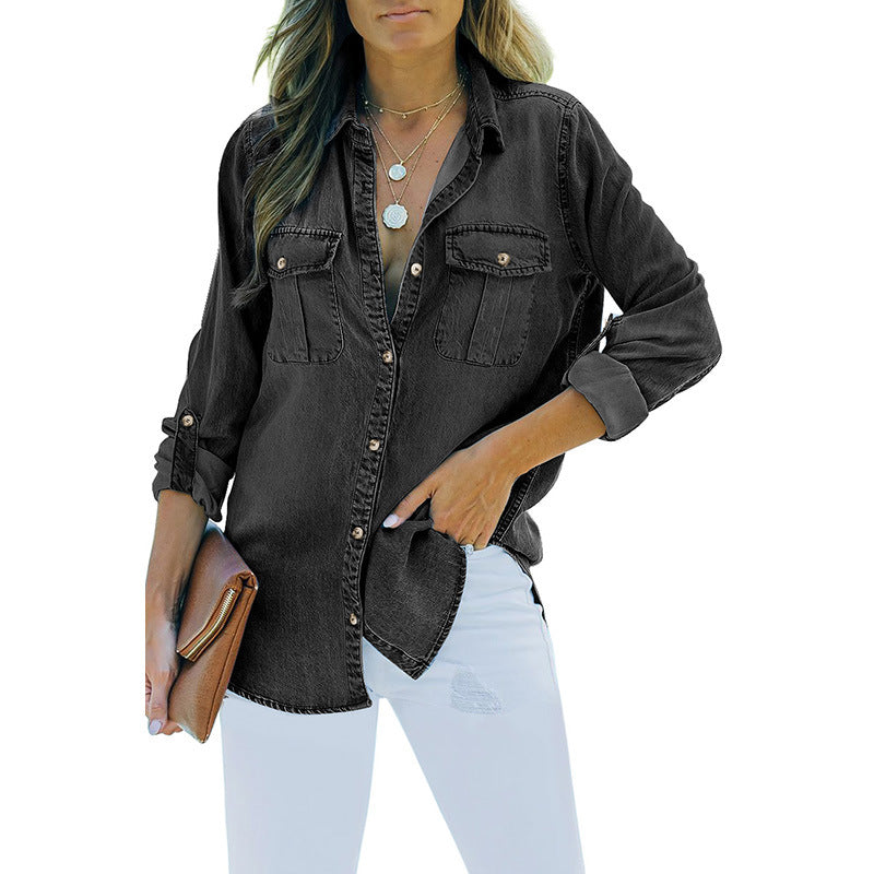 Women's denim shirt blouse with practical chest pockets and classic cut, size S