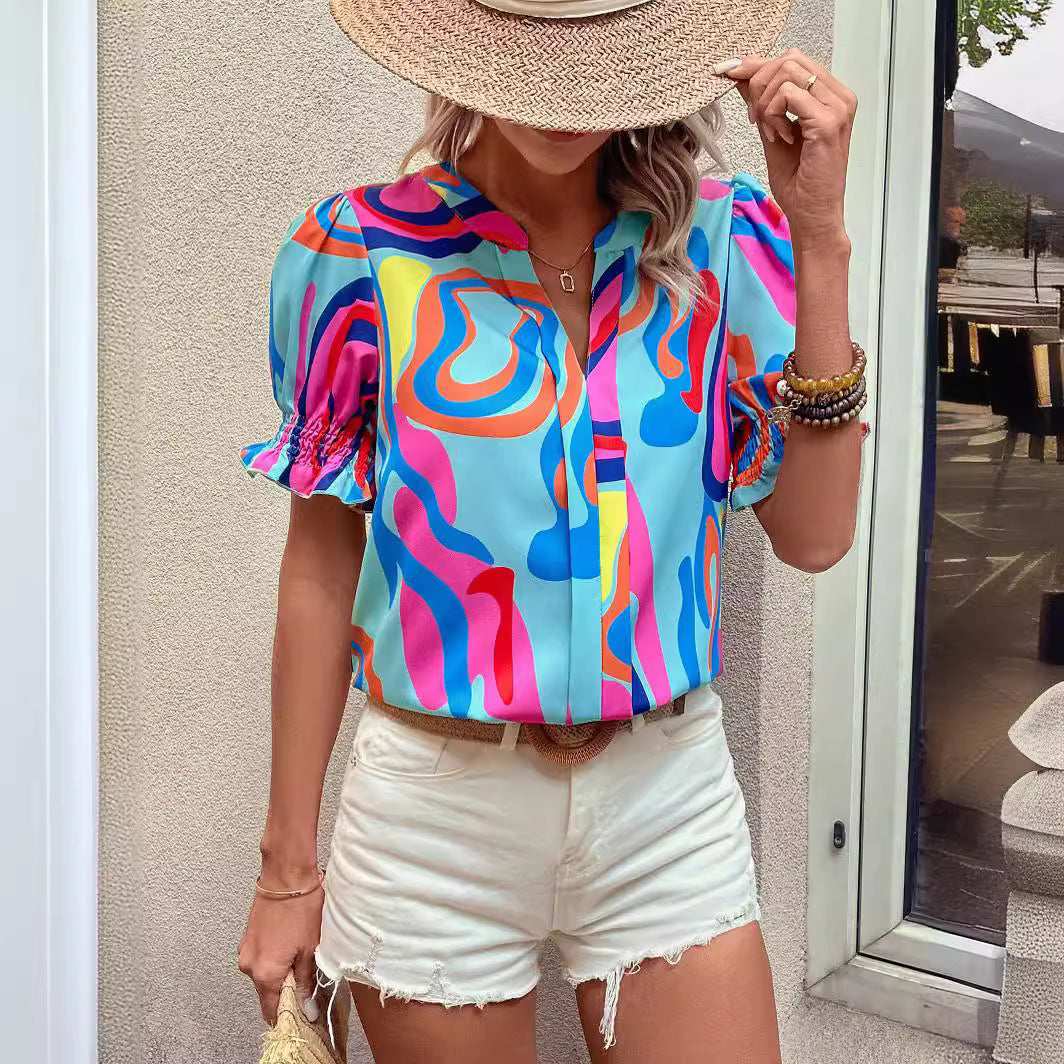 GR | Abstract Print Puff Sleeve Short Shirt