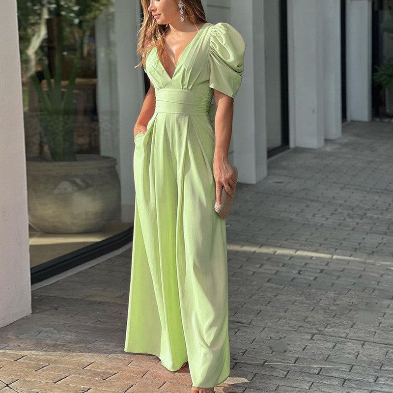 Women's puff sleeve jumpsuit with deep V-neck and wide legs, size [size missing]
