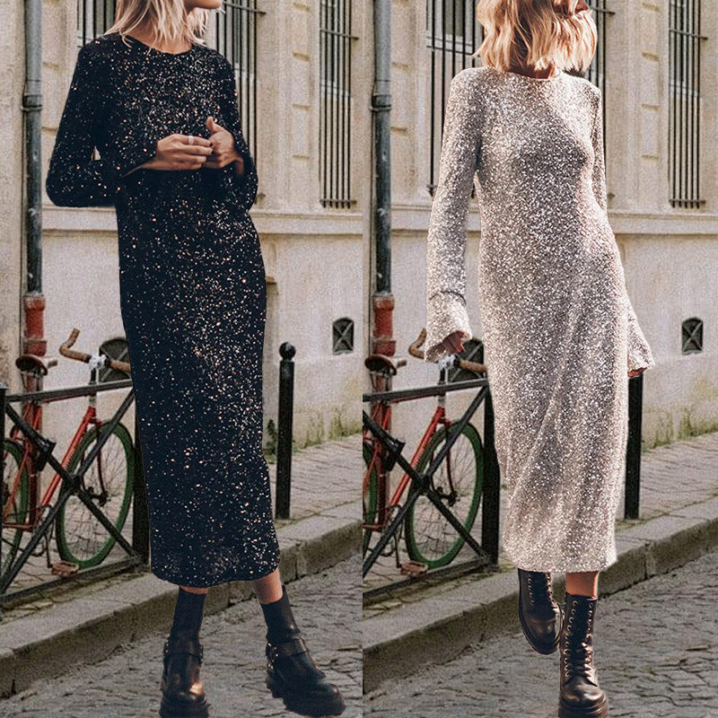 Damen Glitzerndes Midikleid mit elegantem Rundhalsausschnitt und figurschmeichelndem Schnitt GR