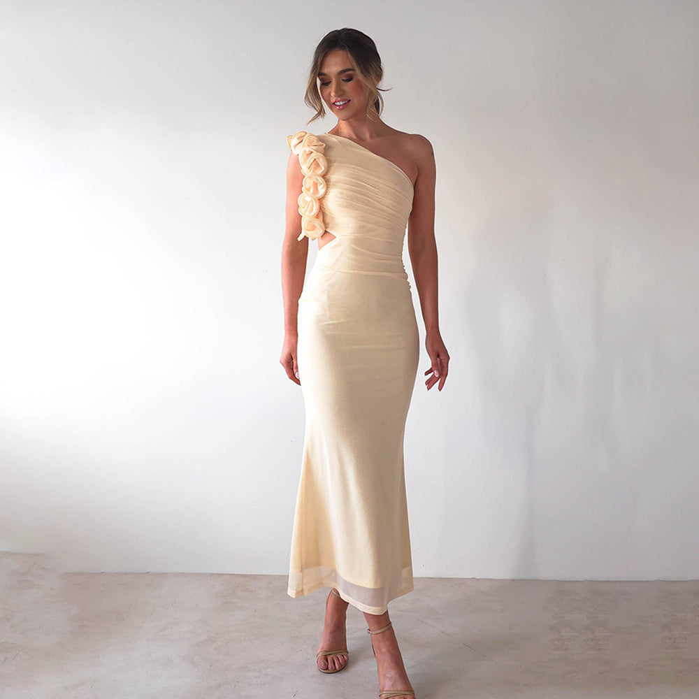 Women's figure-flattering midi dress with asymmetrical neckline and ruffle details, size [size]