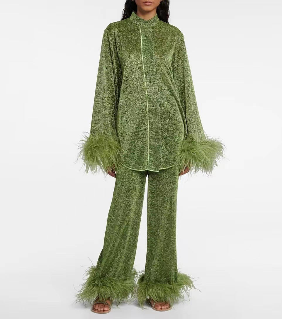 GR | Autumn Winter Feather Stand-up Collar Long Sleeve Top and Trousers Set 
