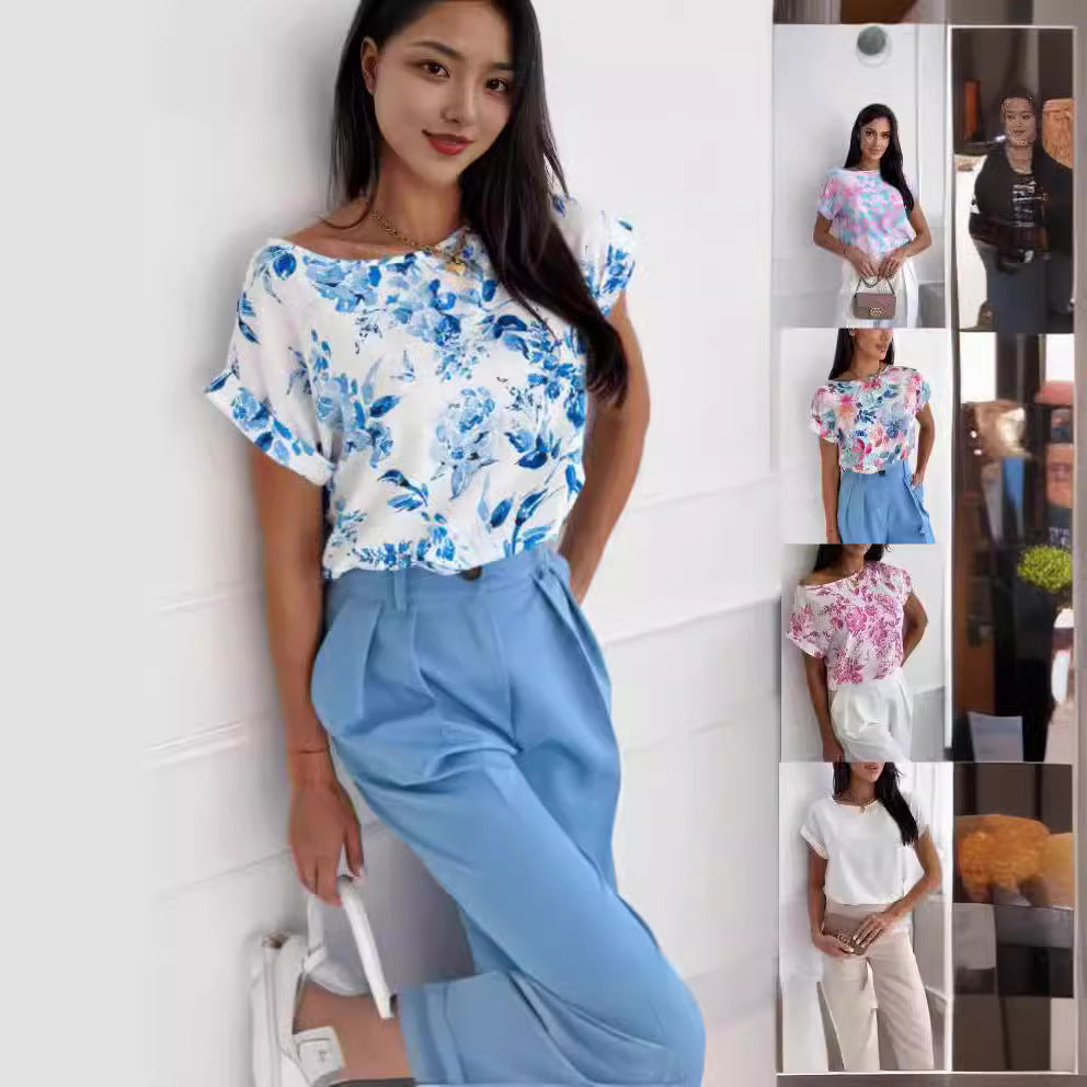 GR | Summer printed round neck loose shirt 
