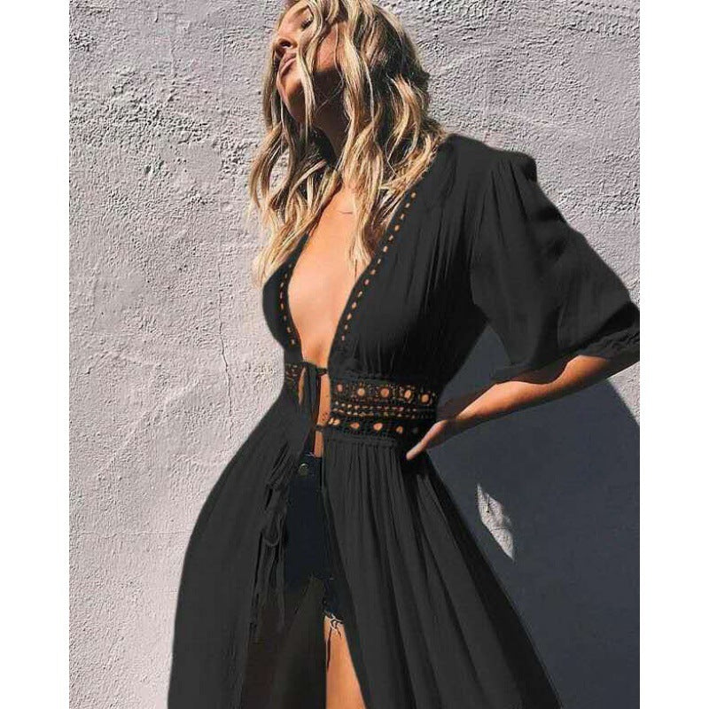 Women's beach wrap with deep V-neck and exquisite neckline details, size GR