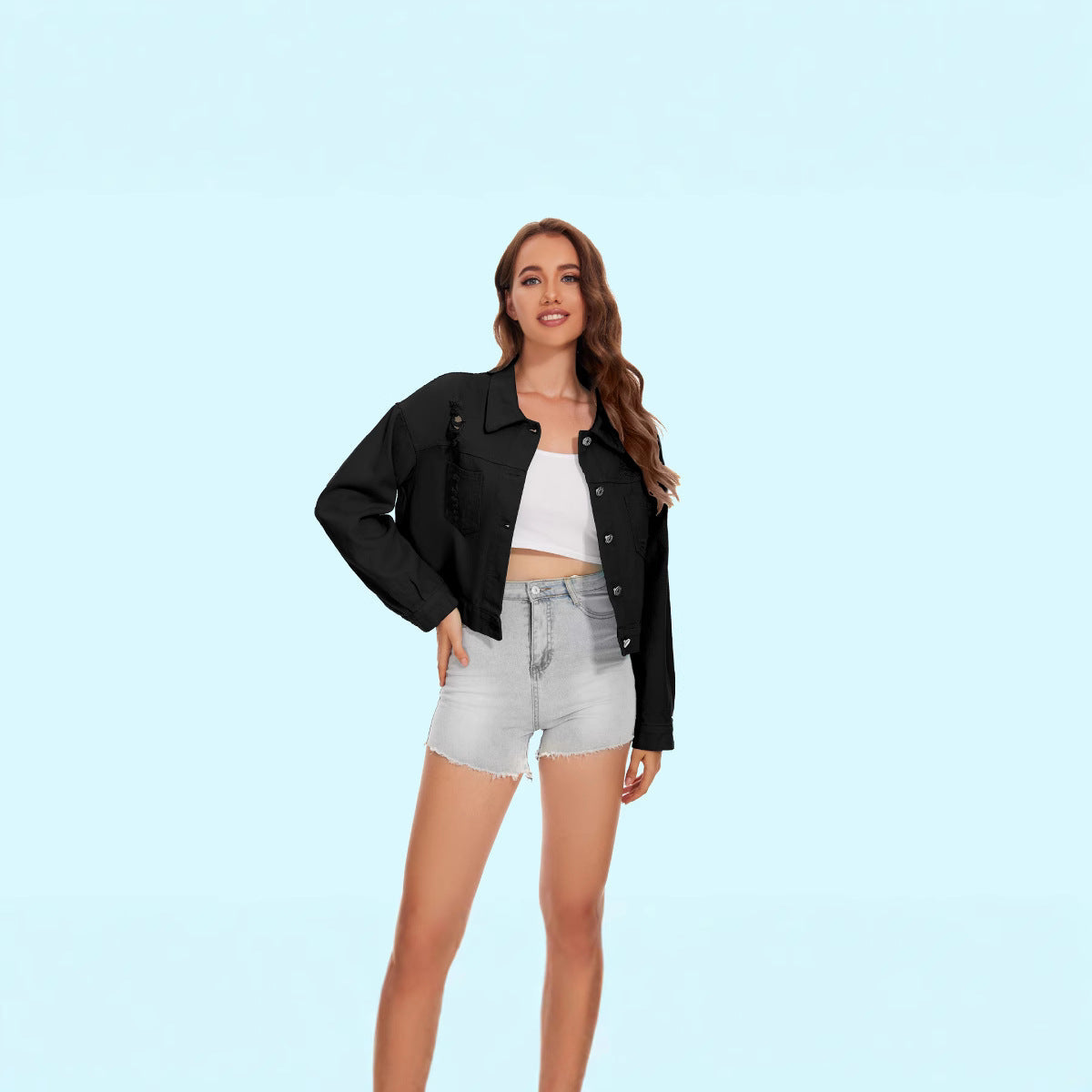 Women's denim jacket in a casual crop style with fringed details, size GR