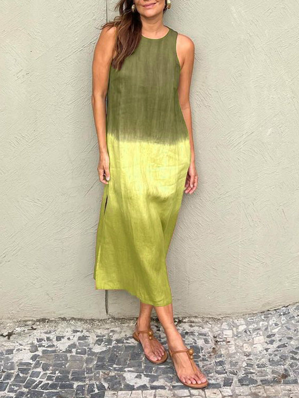 GR | Baumwolle Leinen Ärmelloses Schlitz Gradient Kleid