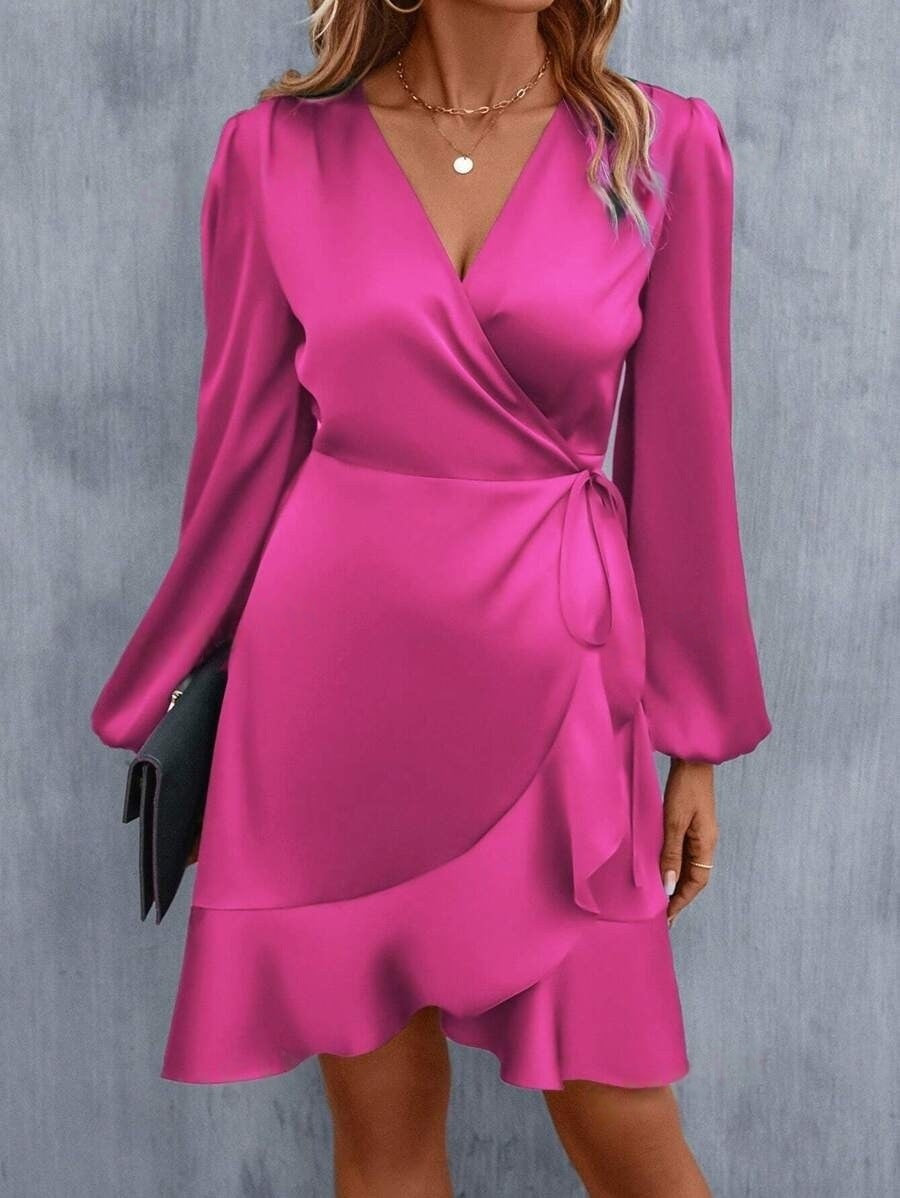 GR | V-Ausschnitt Kleid Satin Taille Eng Niedrig Ausschnitt Lässig Midi Kleid Süß Frauen Kleidung