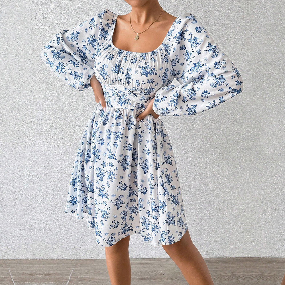 Damen luftiger Blumenkleid mit eleganter Raffung und langen Ärmeln GR