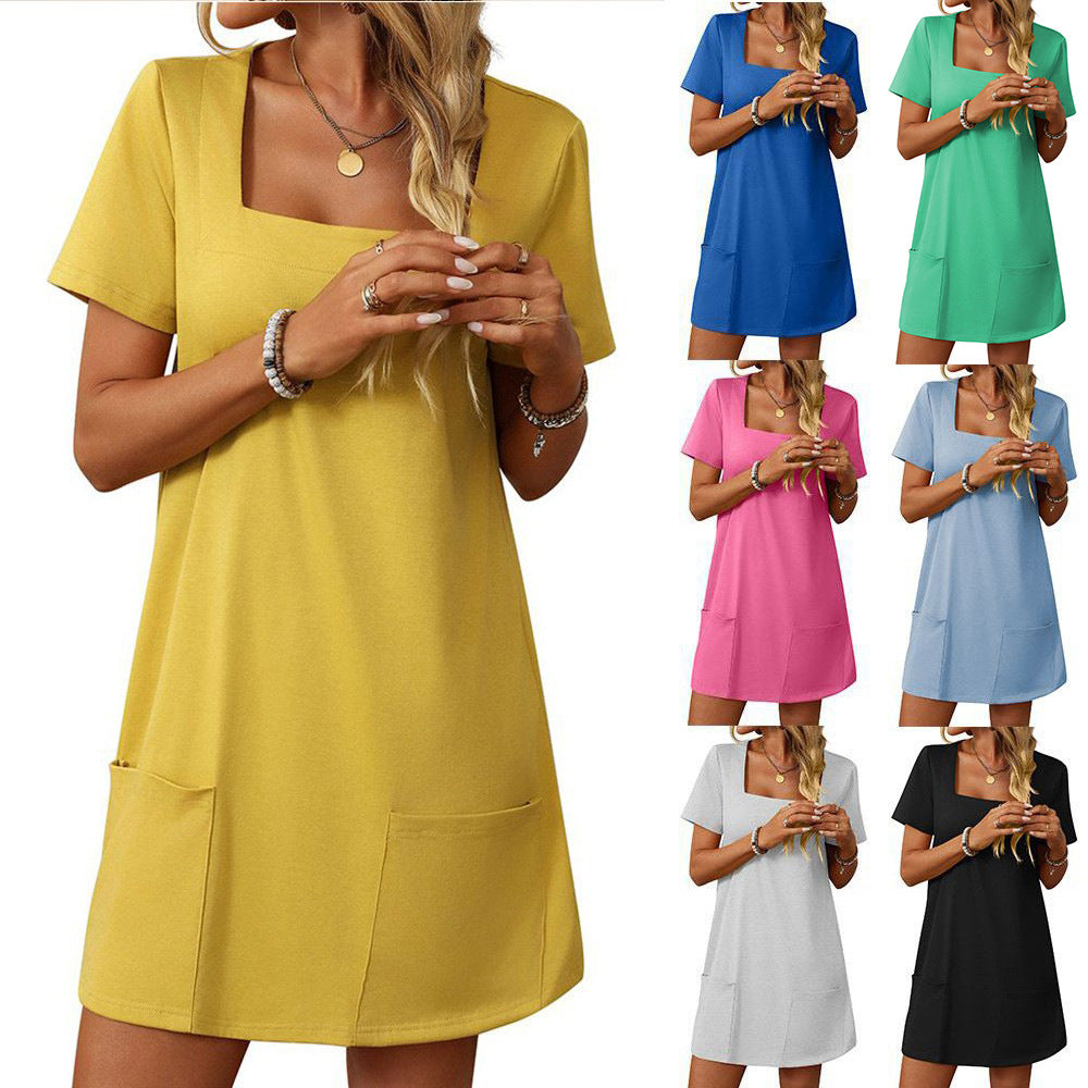 Women's casual dress with square neckline and practical pockets, size
