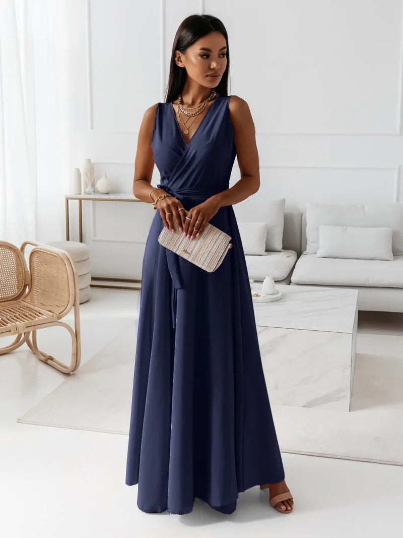 GR | Comfortable solid-color V-neck evening dress 
