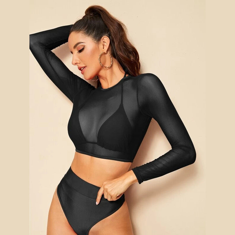 Women's sports bikini set with long-sleeved top and high waist, size