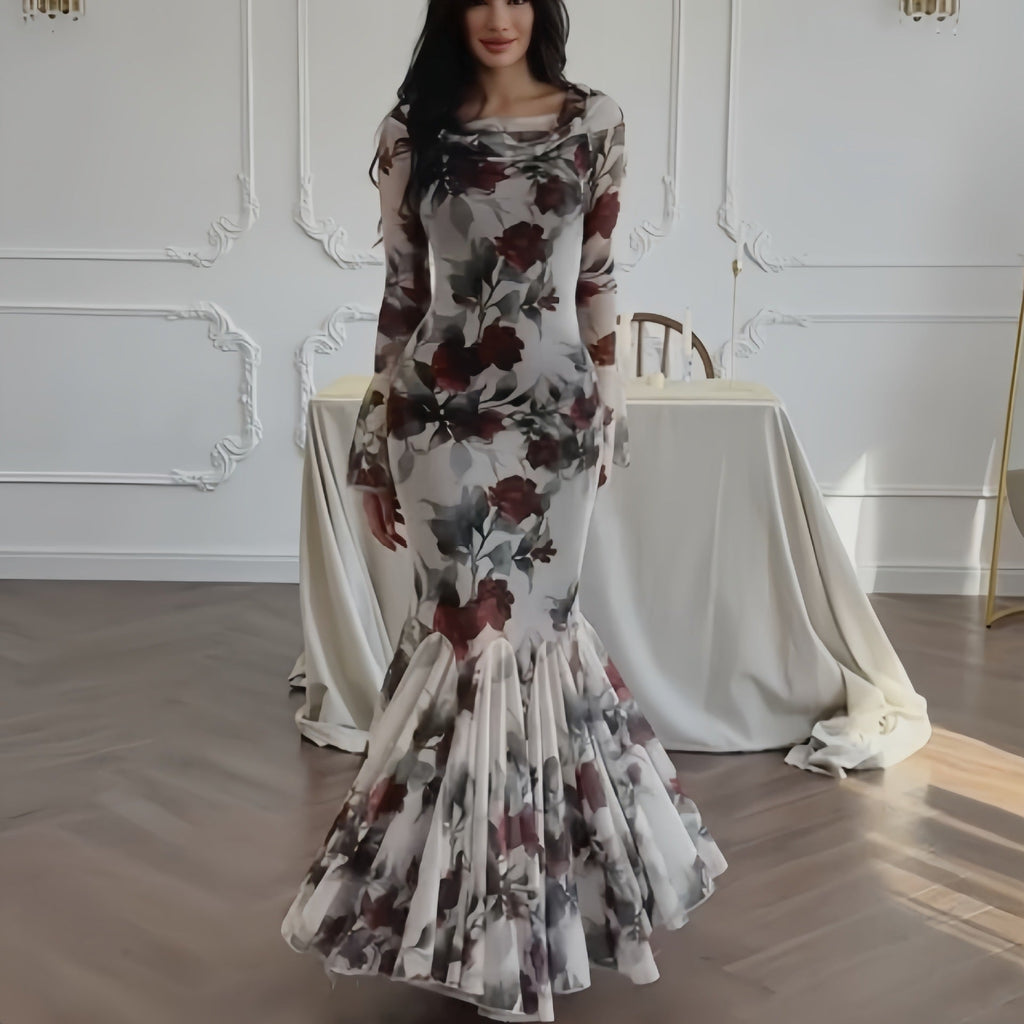 GR | Floral Pattern Long Sleeve Long Skirt Dress