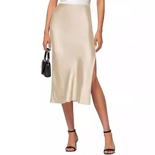 Women's satin midi skirt with high slit, size