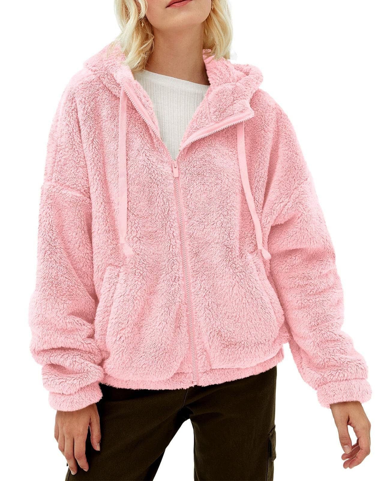 Damen Flauschige Kapuzenjacke mit praktischen Taschen und Reisverschluss GR
