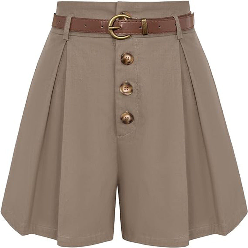 Women's pleated cargo shorts with high waist and decorative belt, size S