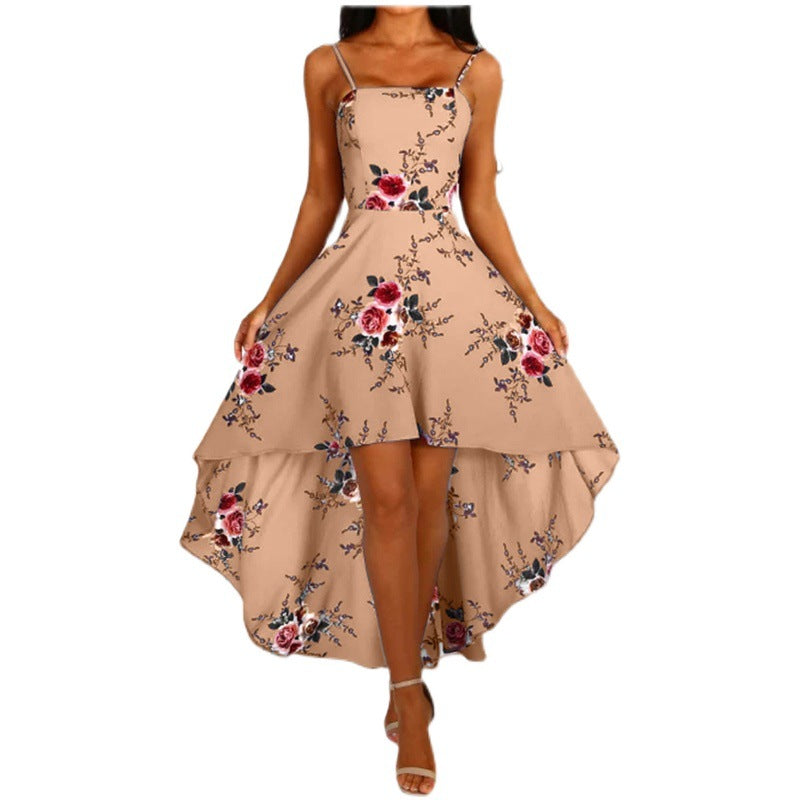 Damen asymmetrisches Blumenkleid mit dekorativen Spaghettiträgern und schwingendem Saum GR