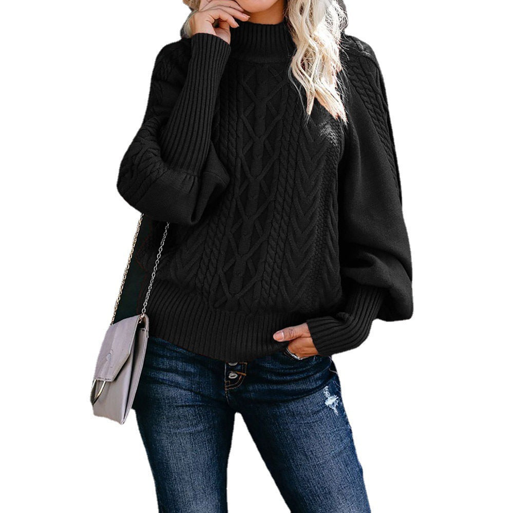 Women's chunky knit sweater with high collar and balloon sleeves, size
