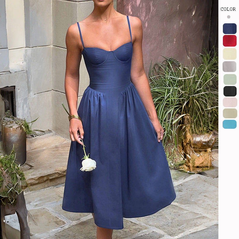 Women's midi dress with elegant bustier top and flowing skirt, size GR