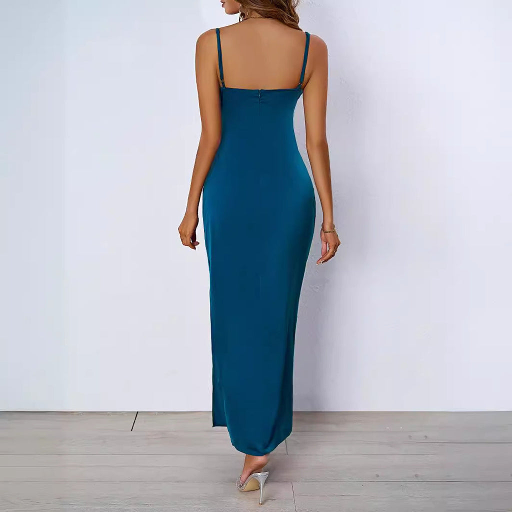 Women's figure-hugging evening dress with V-neck and elegant draping design, size S