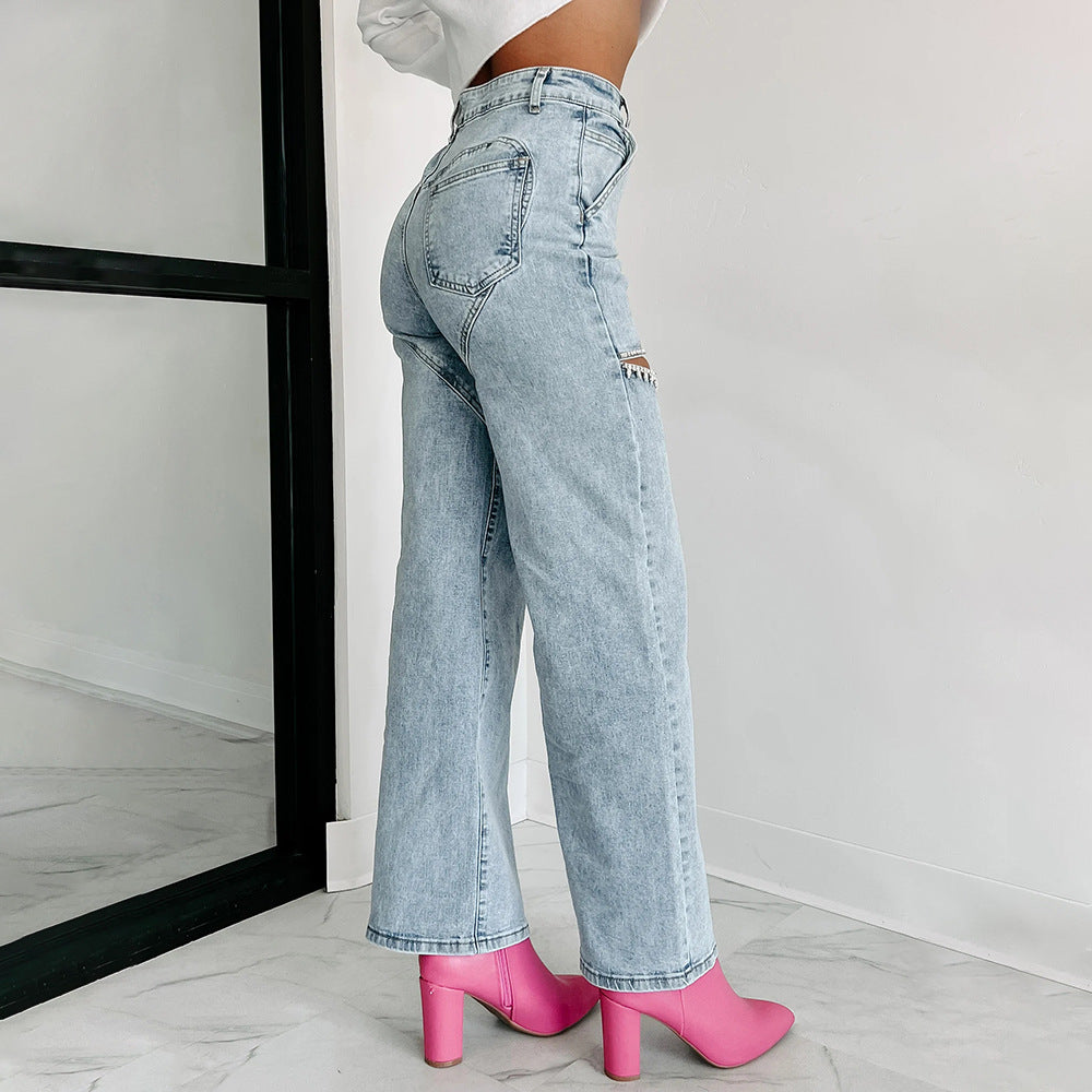 GR | Lässige Nieten Ripped Straight Leg Damen Jeans