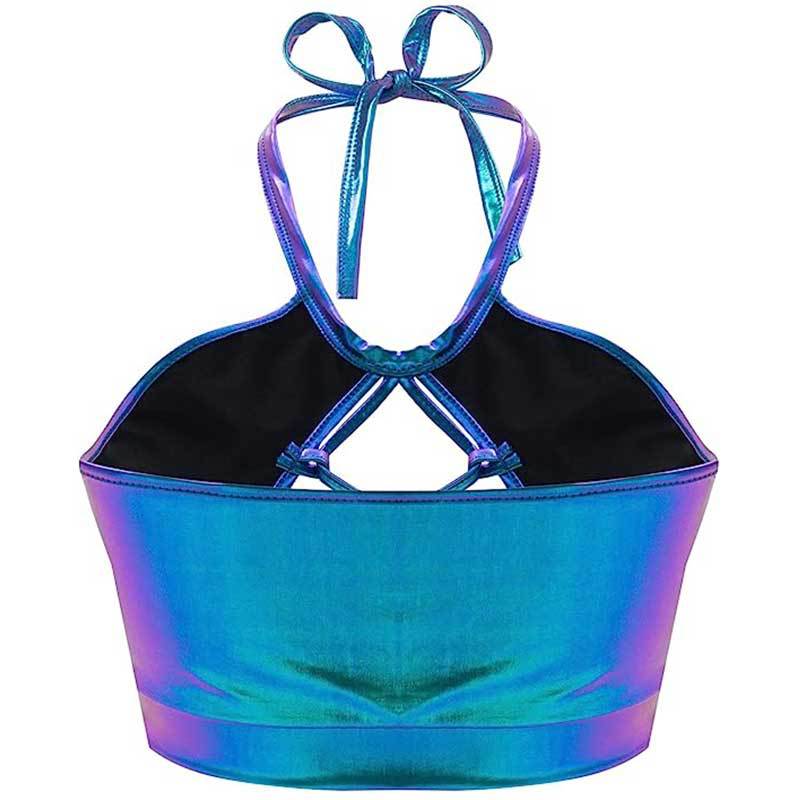 Women's sports bikini top with unique cut details and shimmering finish, size GR