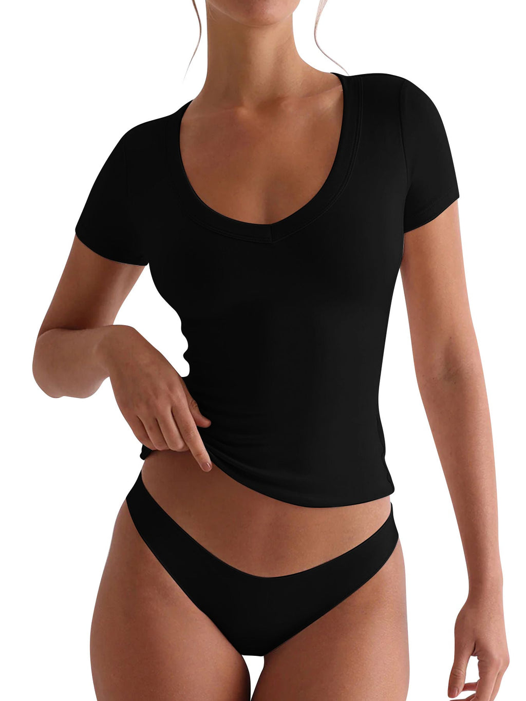 Damen figurbetontes V-Neck T-Shirt mit kurzen Ärmeln GR