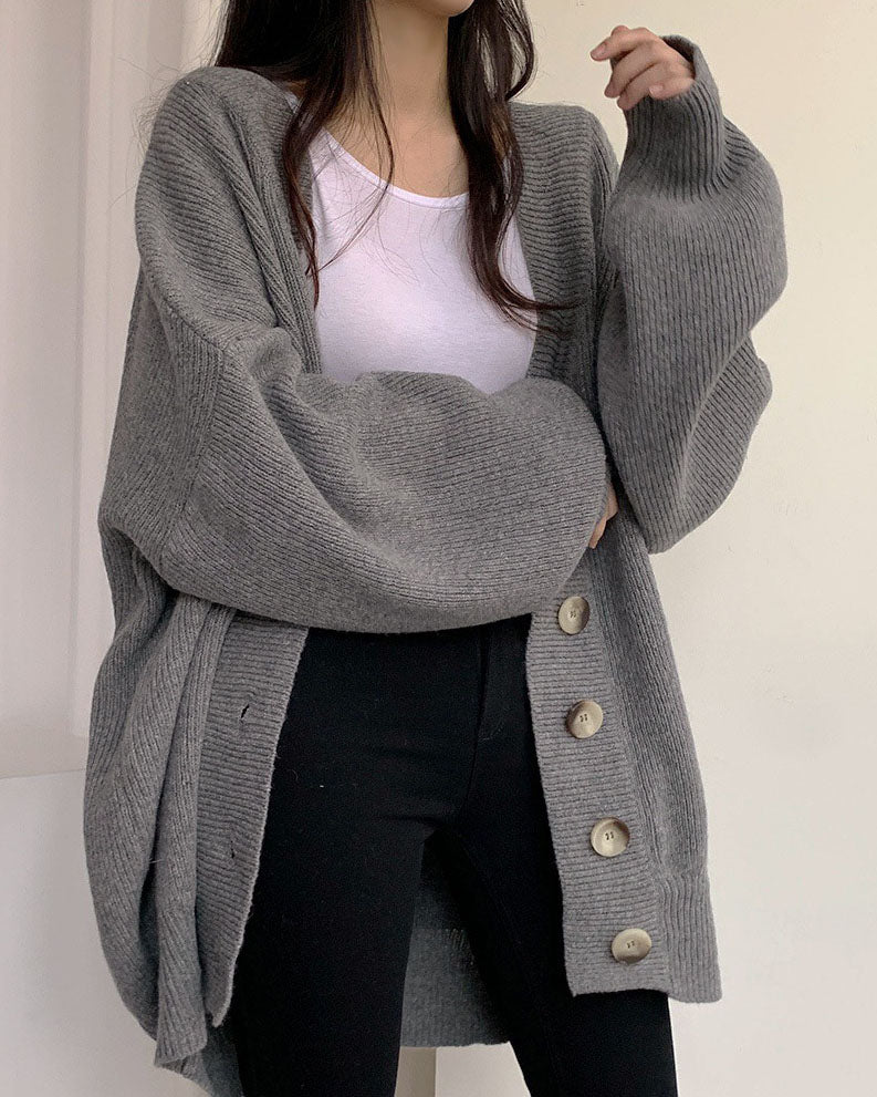 GR V-neck single-breasted loose lantern sleeve knit cardigan