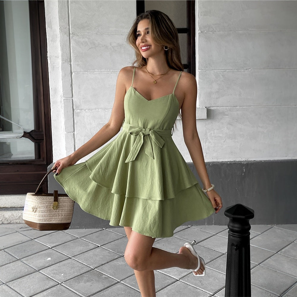 Women's casual wrap dress with a voluminous skirt and narrow spaghetti straps, size [size missing]