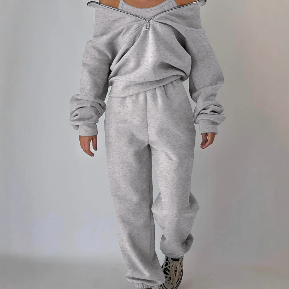 Damen lässiger Oversized-Hoodie und Jogginghose Set mit praktischem Reißverschluss GR