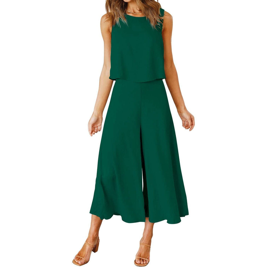 Women's airy jumpsuit with flared leg and sleeveless design, size S