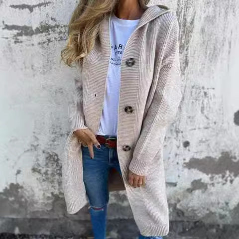 Damen Strickjacke mit Kapuze und Knöpfen GR