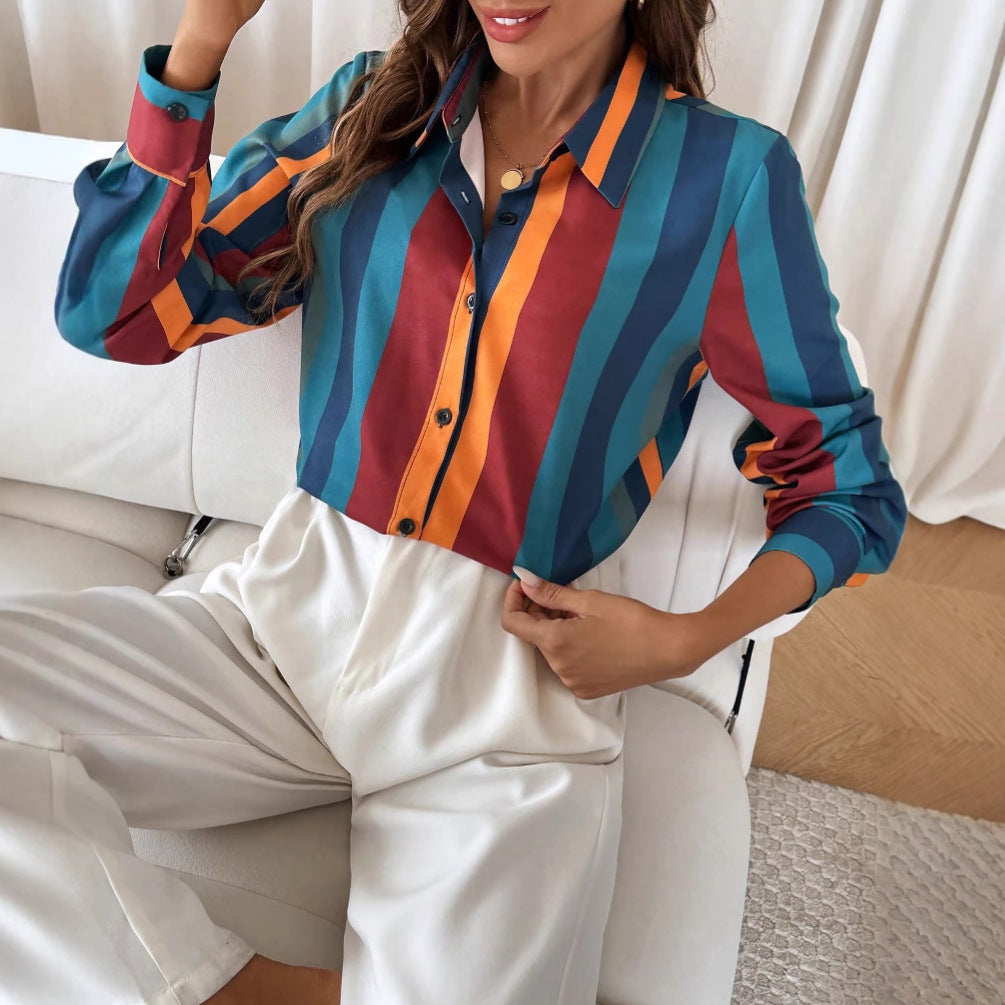 Damen Bluse mit farbenfrohem Streifenmuster und eleganter Knopfleiste GR