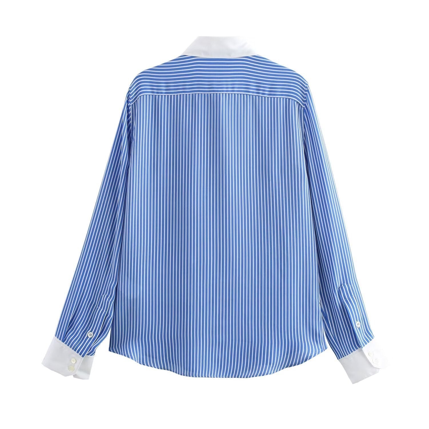 GR | Modische Blau Weiß Gestreifte Revers Vielseitige Bluse