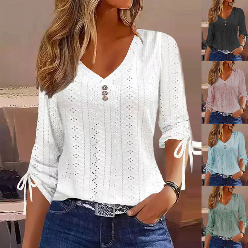 Damen Blusenshirt mit raffiniertem Lochmuster und Knopfdetails GR