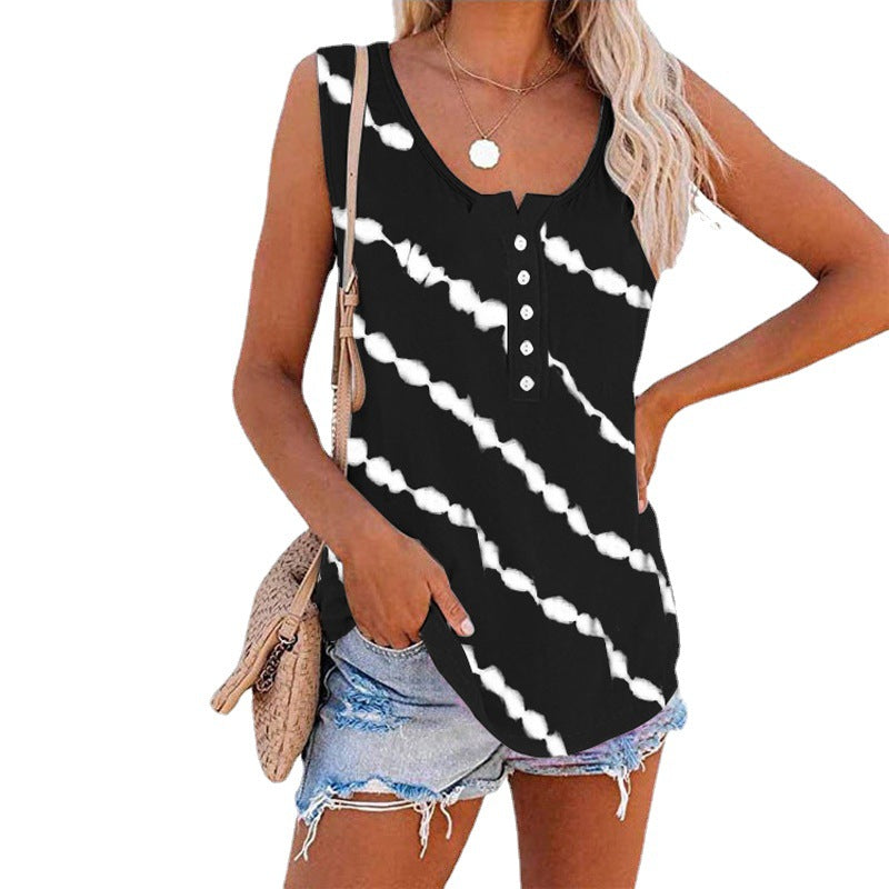 Women's sleeveless top with button placket and modern batik pattern, size