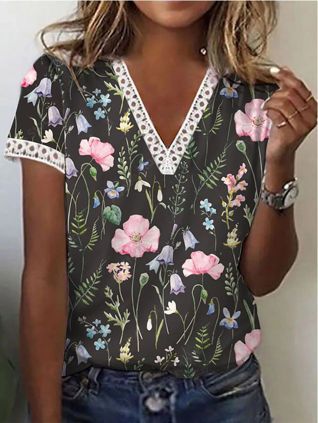 GR | Elegant short-sleeved V-neck printed T-shirt for women