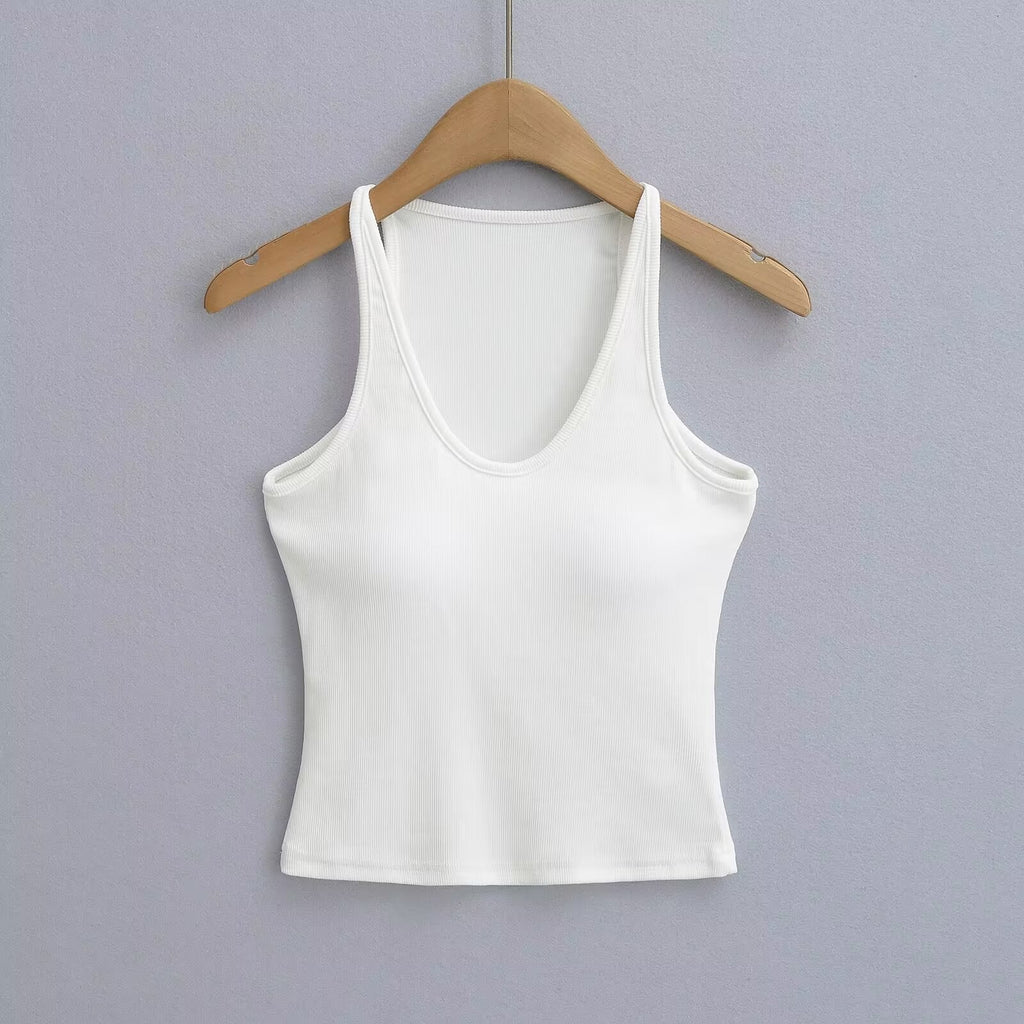 Damen ärmelloses Sporttop mit tiefem U-Ausschnitt und elastischem Material GR