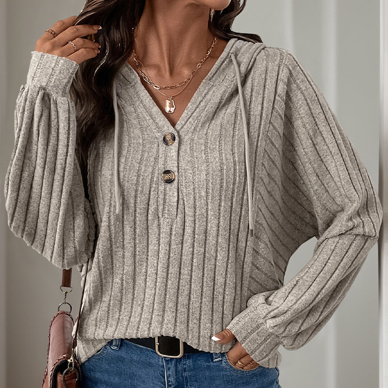Damen Kapuzensweater mit strukturiertem Rippdesign und eleganten Knopfdetails GR