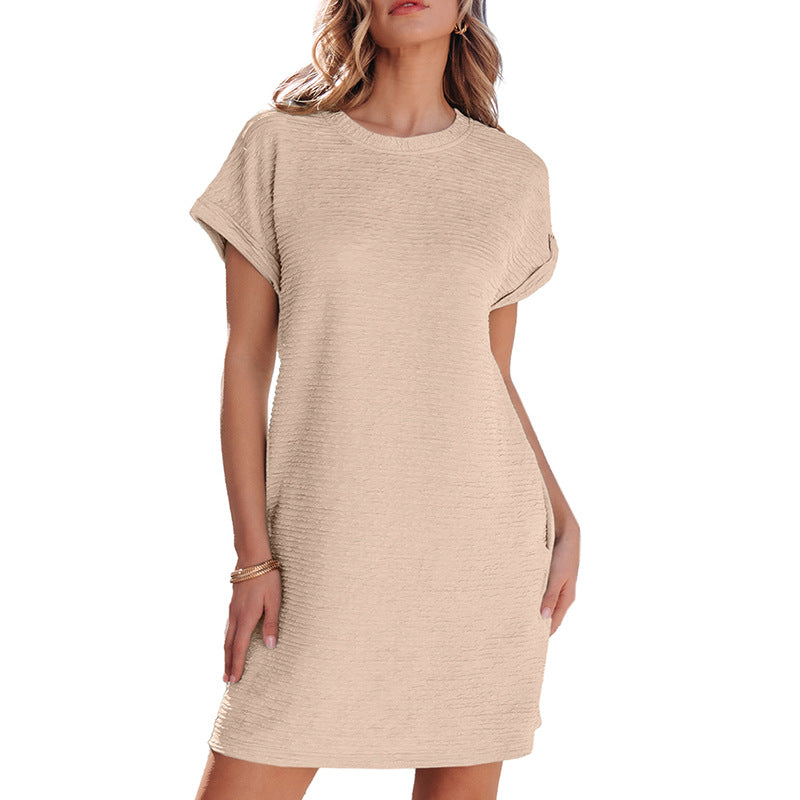 Women's casual dress with textured outer fabric and practical pockets, size S