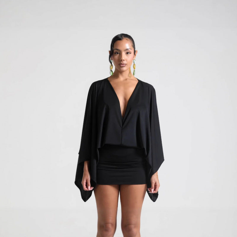 Women's chic mini dress with voluminous sleeves and elegant stand-up collar, size [size missing]
